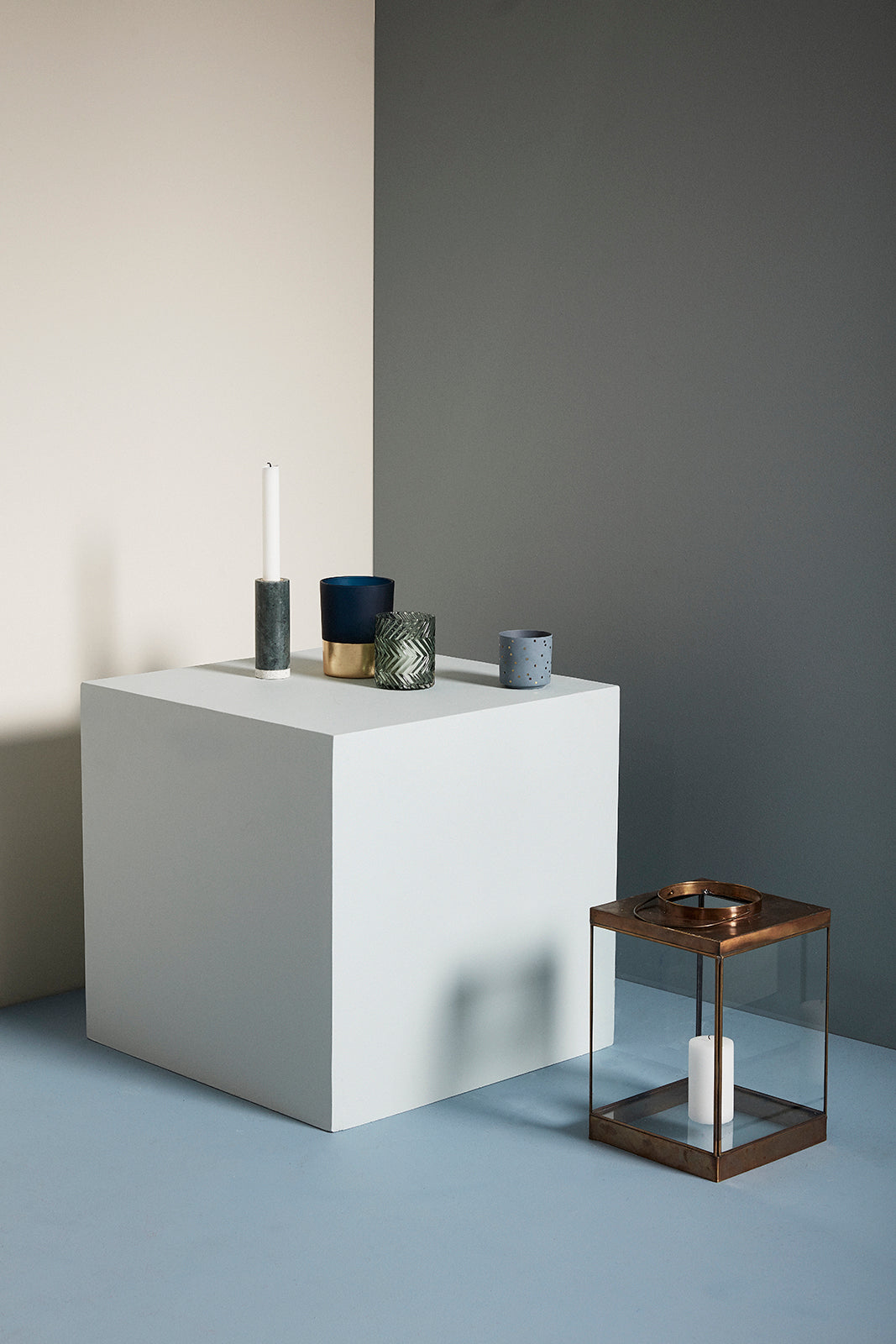 Hübsch Teelichthalter, mit Punkten, blau/gold; 2er Set